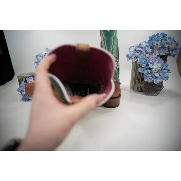 Ariat Futurity Colt Embroidered Cenote Blue Tan Leather Western Cowboy Boots 9.5 - Picture 8 of 12